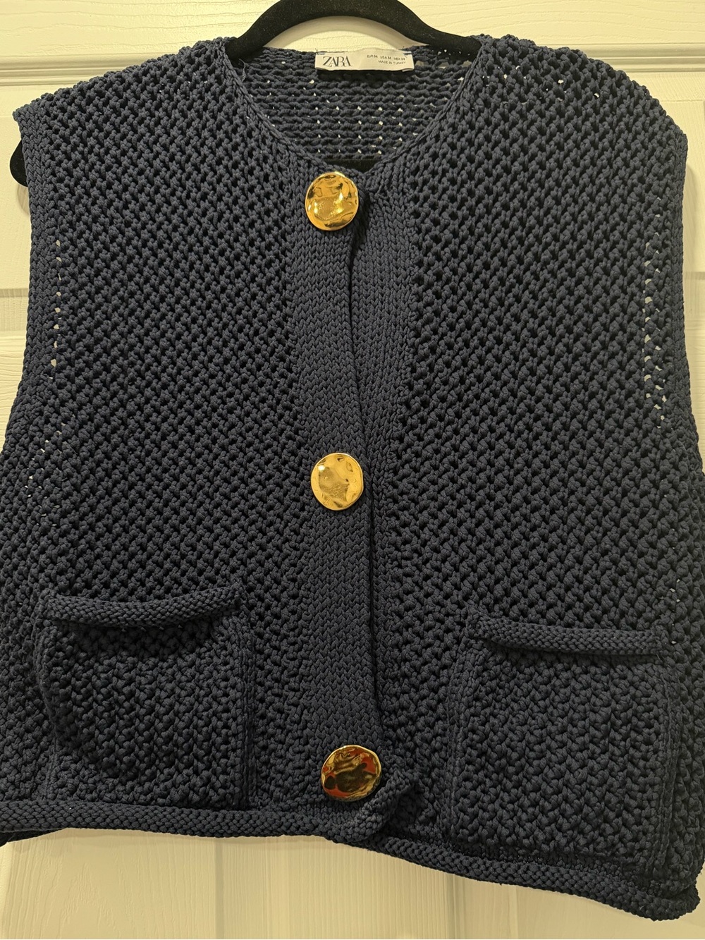 Zara Navy Knit Sleeveless Cardigan with Oversized Gold Buttons